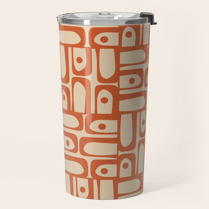 Mid Century Modern Piquet Abstract Multi Pattern Mid Mod Burnt Orange and Beige Travel Mug Gallery Image 2