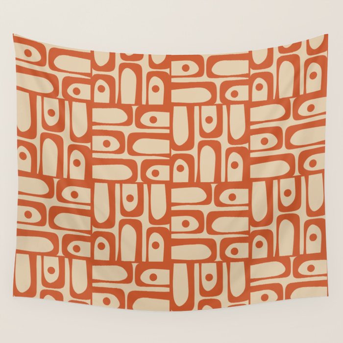 Mid Century Modern Piquet Abstract Multi Pattern Mid Mod Burnt Orange and Beige Wall Tapestry Gallery Image 4