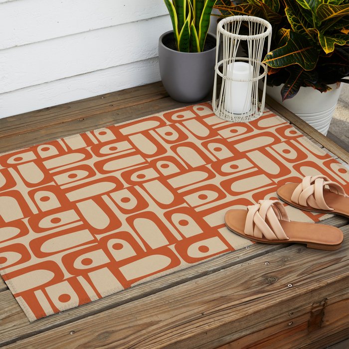 Mid Century Modern Piquet Abstract Multi Pattern Mid Mod Burnt Orange and Beige Outdoor Rug Gallery Image 2