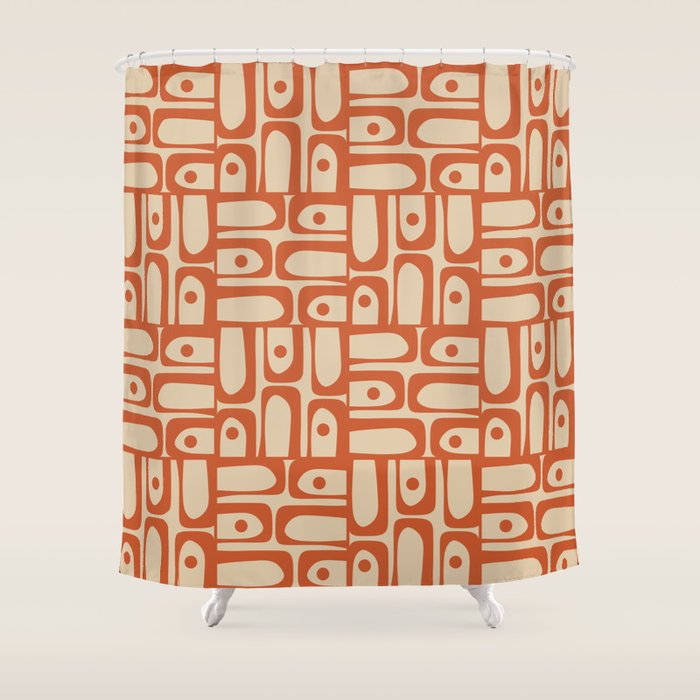 Mid Century Modern Piquet Abstract Multi Pattern Mid Mod Burnt Orange and Beige Shower Curtain Gallery Image 1