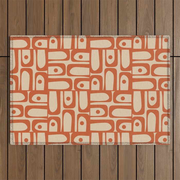 Mid Century Modern Piquet Abstract Multi Pattern Mid Mod Burnt Orange and Beige Outdoor Rug Gallery Image 1