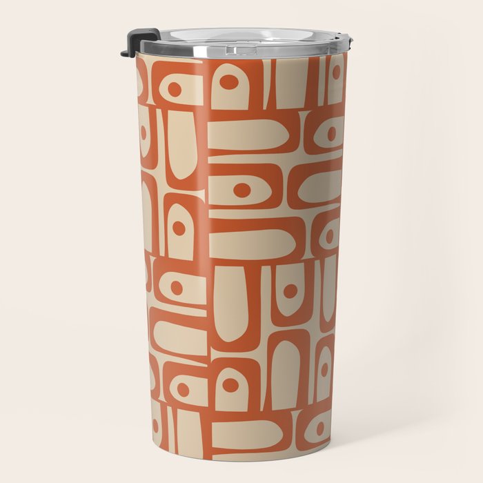 Mid Century Modern Piquet Abstract Multi Pattern Mid Mod Burnt Orange and Beige Travel Mug Gallery Image 3