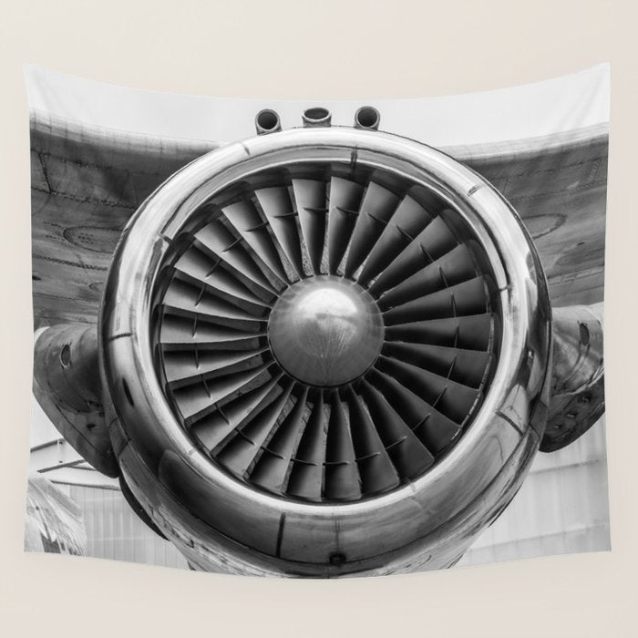Vintage Airplane Turbine Engine Black and White Photography / black and white photographs Wall Tapestry Gallery Image 4