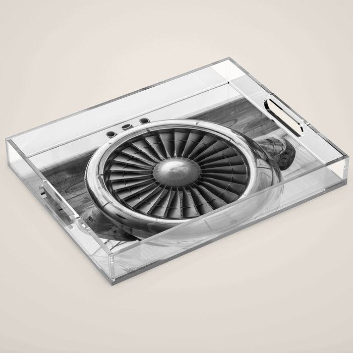 Vintage Airplane Turbine Engine Black and White Photography / black and white photographs Acrylic Tray Gallery Image 1
