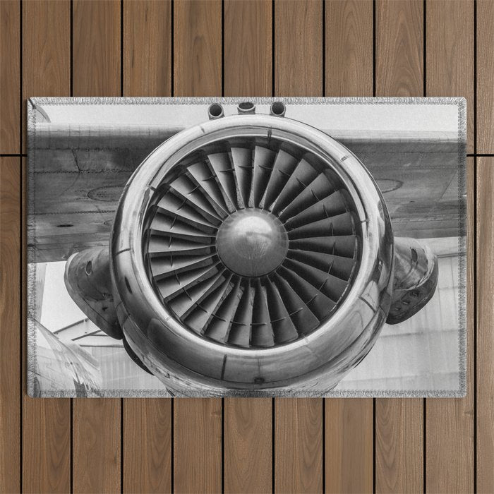 Vintage Airplane Turbine Engine Black and White Photography / black and white photographs Outdoor Rug Gallery Image 1
