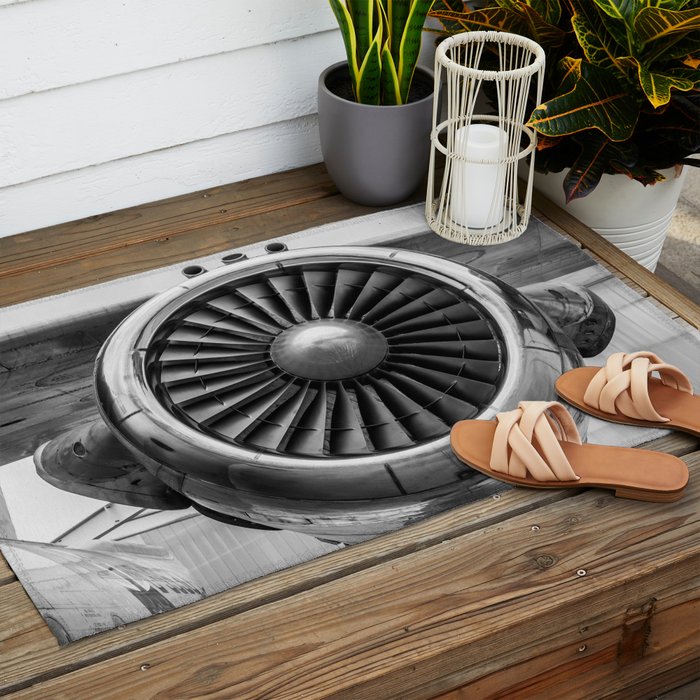 Vintage Airplane Turbine Engine Black and White Photography / black and white photographs Outdoor Rug Gallery Image 2