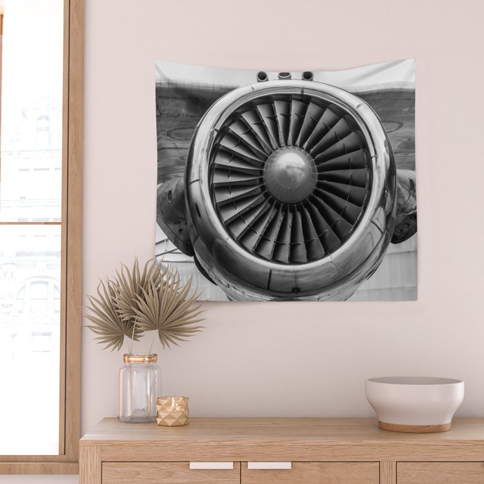 Vintage Airplane Turbine Engine Black and White Photography / black and white photographs Wall Tapestry Gallery Image 2