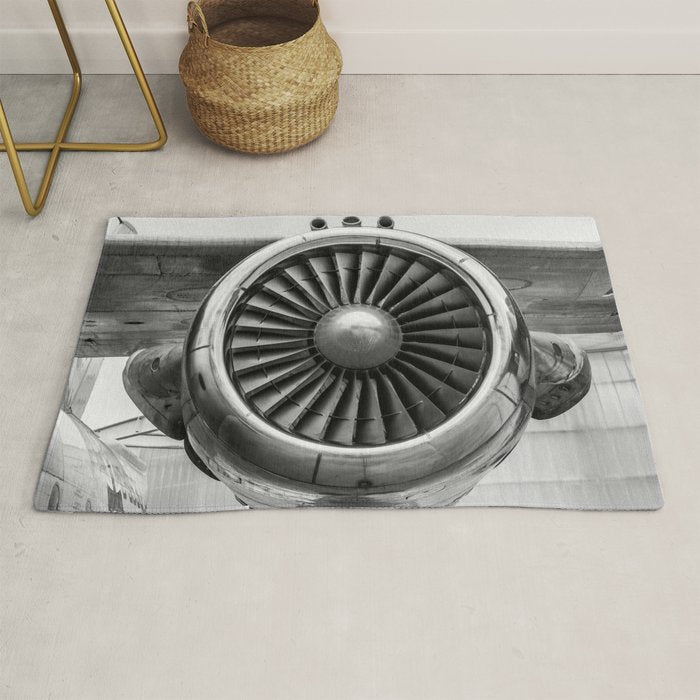 Vintage Airplane Turbine Engine Black and White Photography / black and white photographs Rug Gallery Image 1