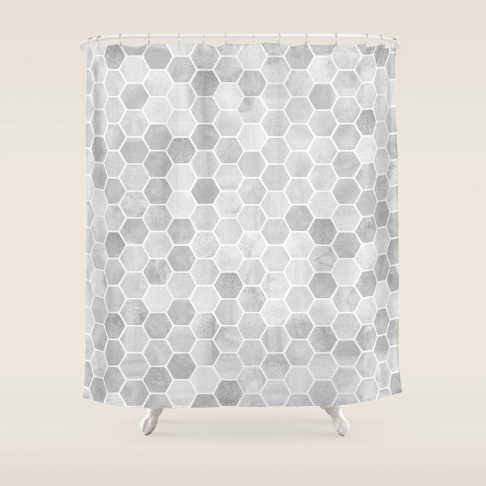 Silver and Gray Hexagon Geometric Pattern Shower Curtain Gallery Image 1