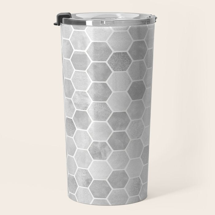 Silver and Gray Hexagon Geometric Pattern Travel Mug Gallery Image 3