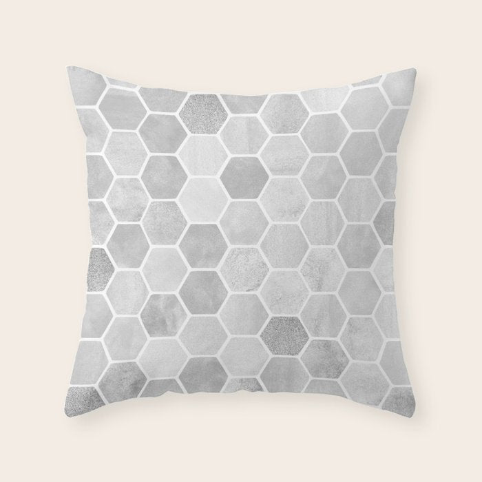 Silver and Gray Hexagon Geometric Pattern Throw Pillow Gallery Image 1
