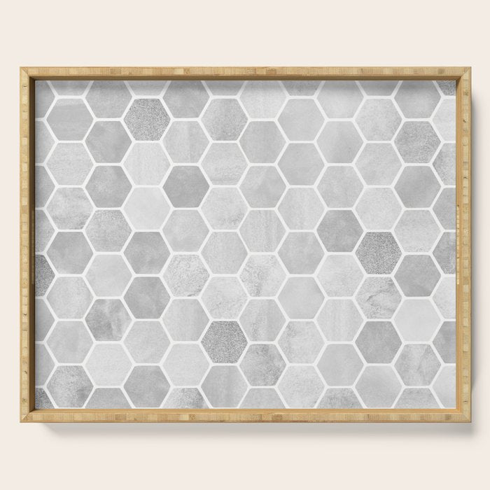 Silver and Gray Hexagon Geometric Pattern Serving Tray Gallery Image 1