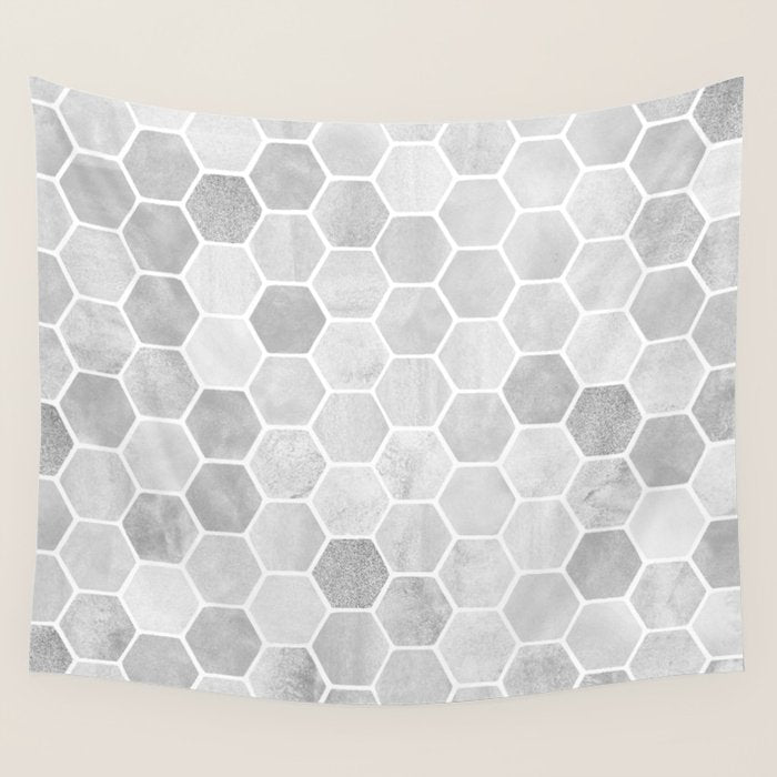 Silver and Gray Hexagon Geometric Pattern Wall Tapestry Gallery Image 4