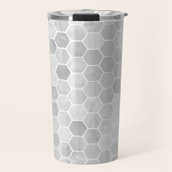 Silver and Gray Hexagon Geometric Pattern Travel Mug Gallery Image 1