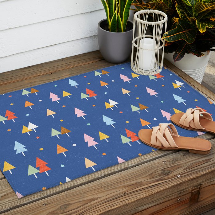 Colorful Scandinavian Christmas Trees on Blue Outdoor Rug Gallery Image 2