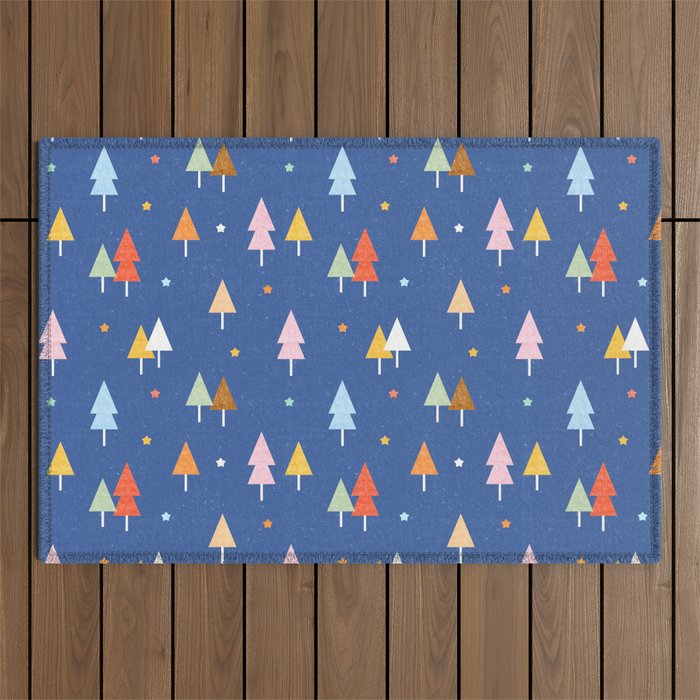 Colorful Scandinavian Christmas Trees on Blue Outdoor Rug Gallery Image 1