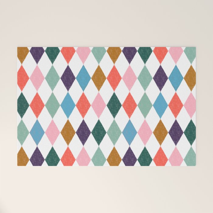 Colorful Vintage Harlequin Diamond Pattern Welcome Mat Gallery Image 1