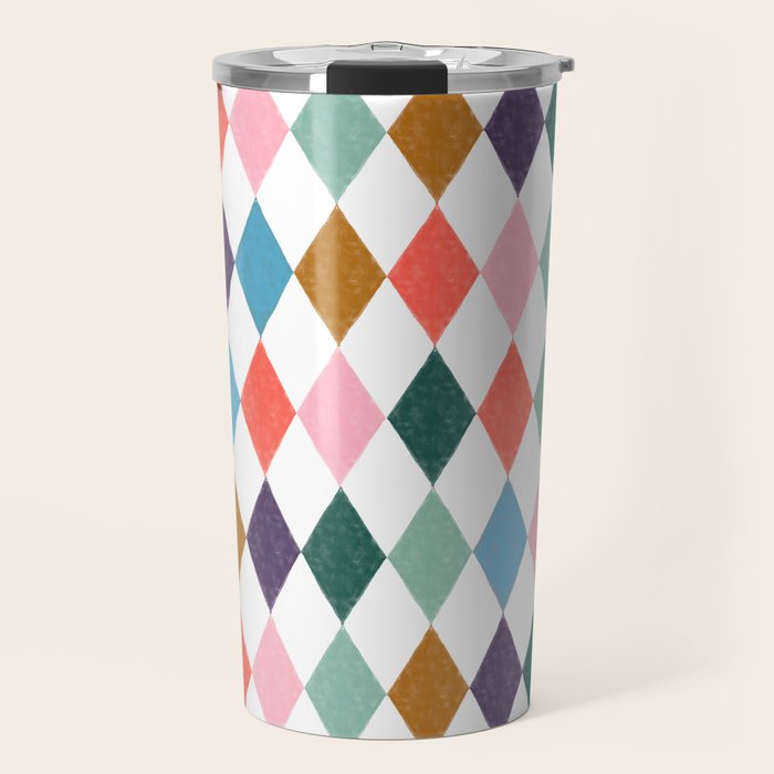 Colorful Vintage Harlequin Diamond Pattern Travel Mug Gallery Image 1