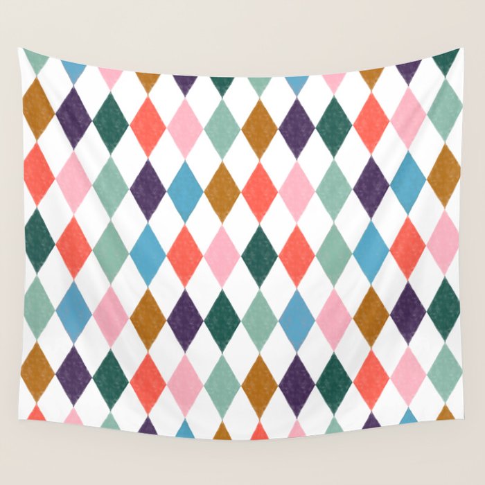 Colorful Vintage Harlequin Diamond Pattern Wall Tapestry Gallery Image 4