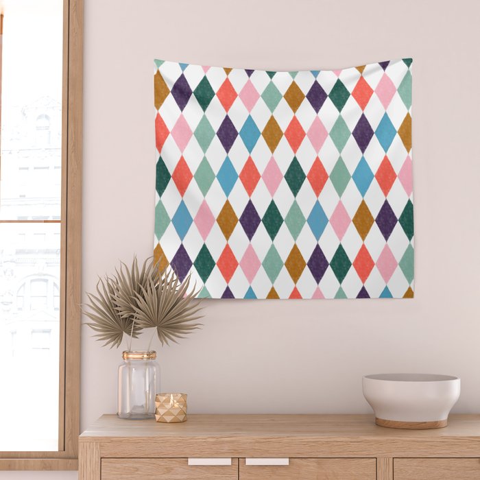 Colorful Vintage Harlequin Diamond Pattern Wall Tapestry Gallery Image 2