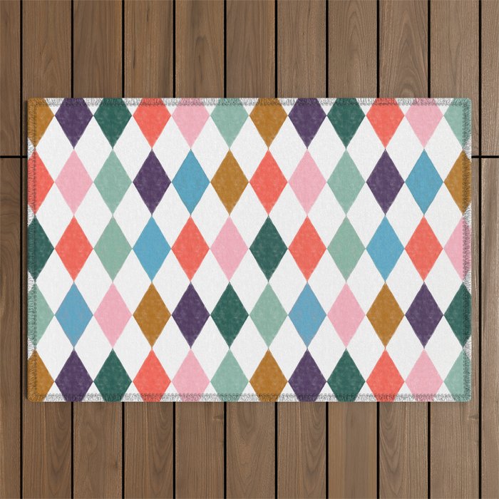 Colorful Vintage Harlequin Diamond Pattern Outdoor Rug Gallery Image 1