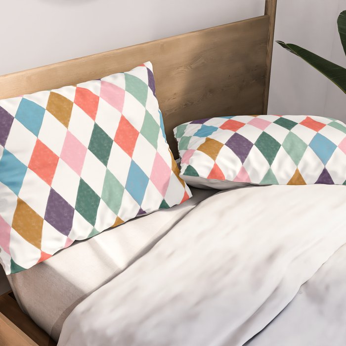 Colorful Vintage Harlequin Diamond Pattern Pillow Sham Gallery Image 2