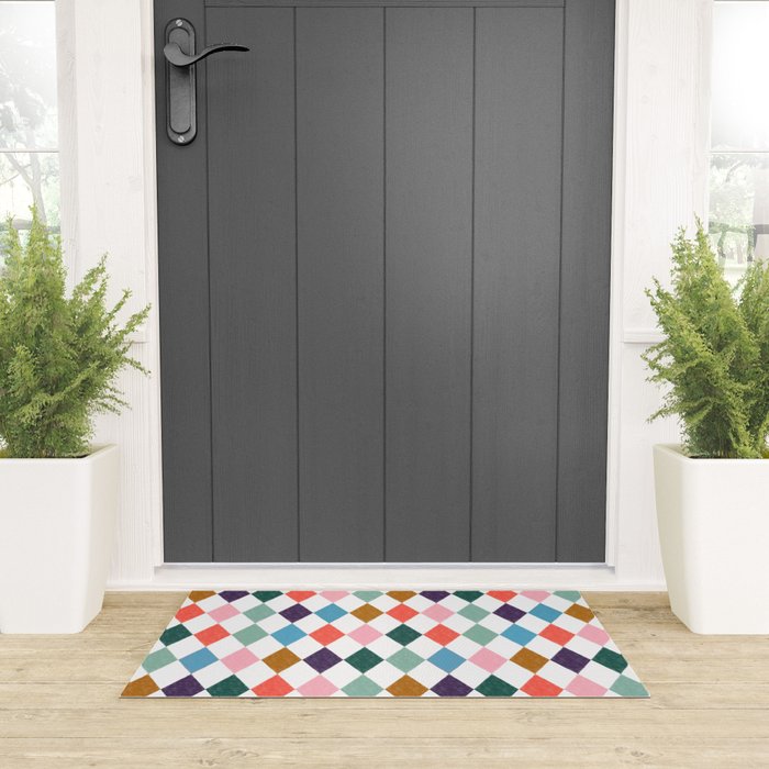 Colorful Vintage Harlequin Diamond Pattern Welcome Mat Gallery Image 3