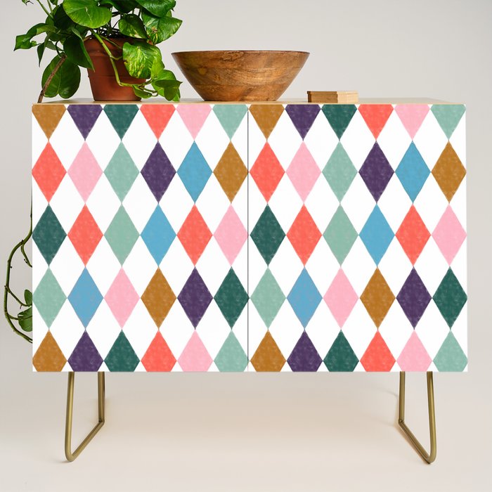 Colorful Vintage Harlequin Diamond Pattern Credenza Gallery Image 1