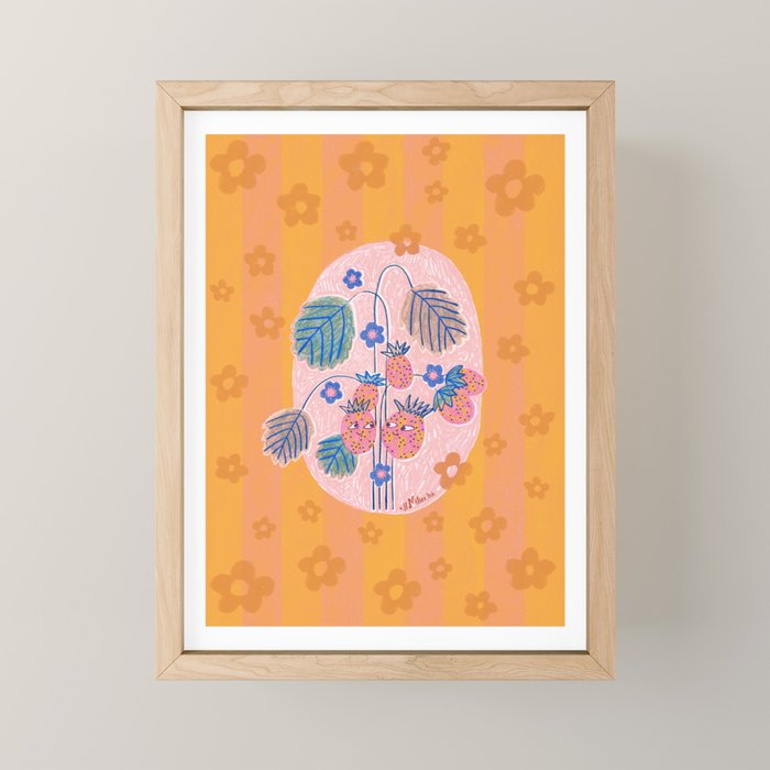 Sweet Strawberry Plant Friends in Peach & Orange Mini Art Print Gallery Image 1