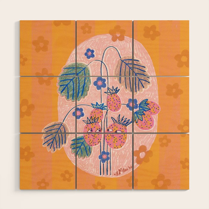 Sweet Strawberry Plant Friends in Peach & Orange Wood Wall Art Gallery Image 1