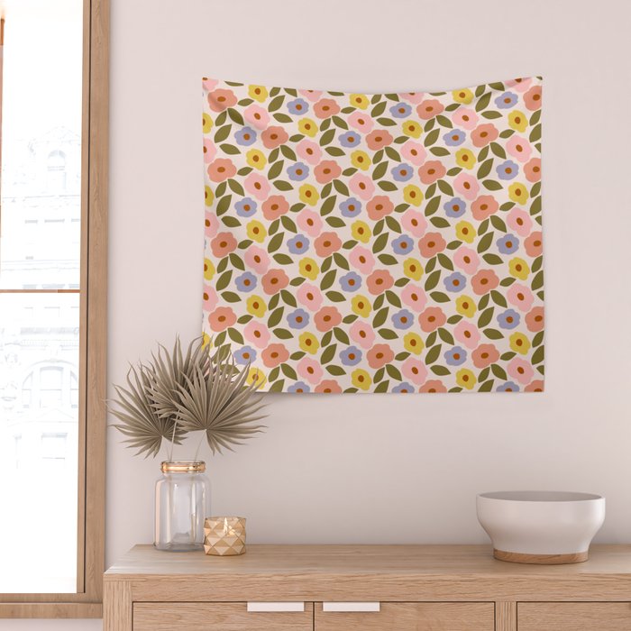 Muted Retro Ditsy Floral Pattern - Vintage Flowers Seamless Design Wall Tapestry Gallery Image 2