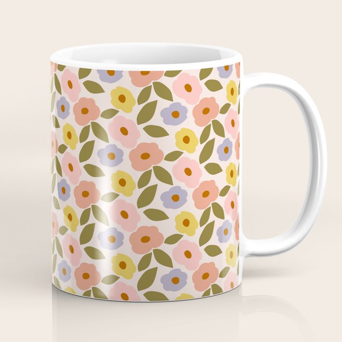 Muted Retro Ditsy Floral Pattern - Vintage Flowers Seamless Design Coffee Mug Gallery Image 1