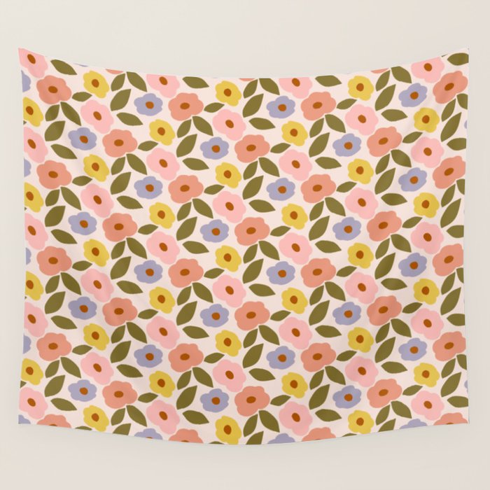 Muted Retro Ditsy Floral Pattern - Vintage Flowers Seamless Design Wall Tapestry Gallery Image 1
