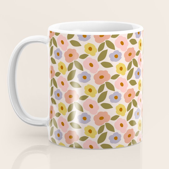 Muted Retro Ditsy Floral Pattern - Vintage Flowers Seamless Design Coffee Mug Gallery Image 3