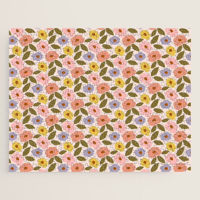 Muted Retro Ditsy Floral Pattern - Vintage Flowers Seamless Design Jigsaw Puzzle