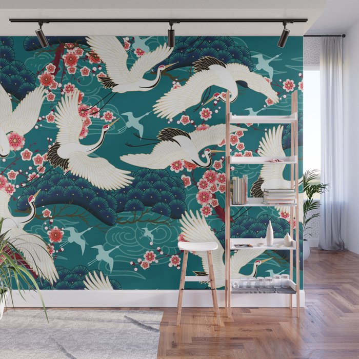 Japanese Crane Oriental Teal Ocean Pattern Wall Mural Gallery Image 1