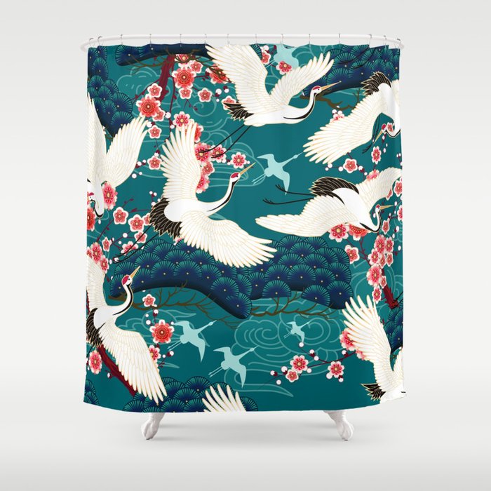 Japanese Crane Oriental Teal Ocean Pattern Shower Curtain Gallery Image 1