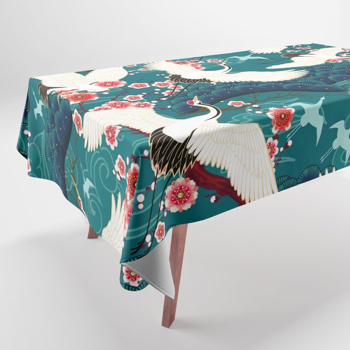 Japanese Crane Oriental Teal Ocean Pattern Tablecloth Gallery Image 1