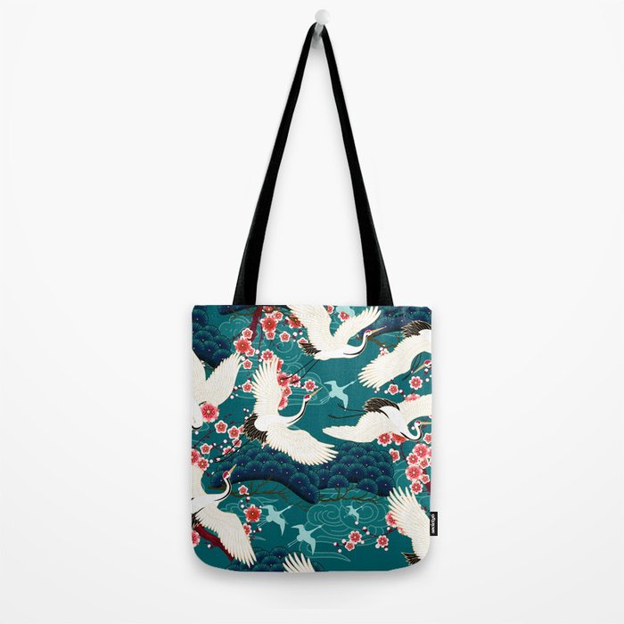 Japanese Crane Oriental Teal Ocean Pattern Tote Bag Gallery Image 2