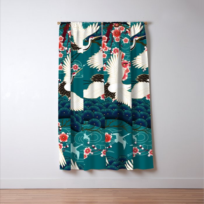 Japanese Crane Oriental Teal Ocean Pattern Window Curtain Gallery Image 3