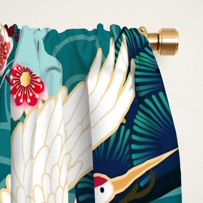 Japanese Crane Oriental Teal Ocean Pattern Window Curtain Gallery Image 2