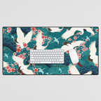 Japanese Crane Oriental Teal Ocean Pattern Desk Mat Gallery Image 1