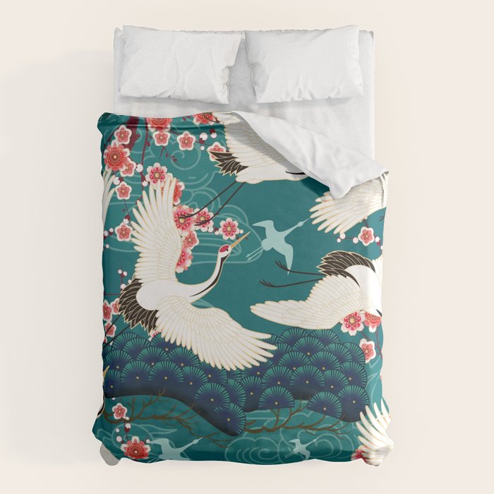 Japanese Crane Oriental Teal Ocean Pattern Duvet Cover Gallery Image 6