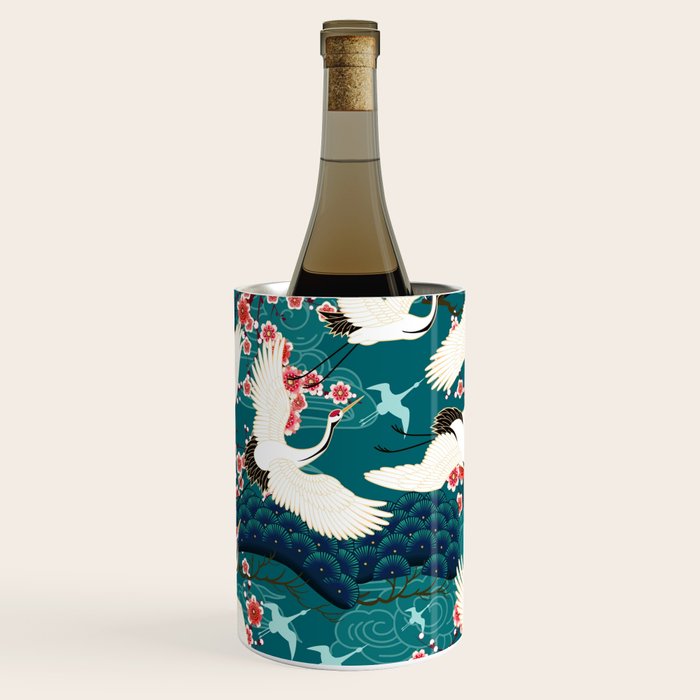 Japanese Crane Oriental Teal Ocean Pattern Wine Chiller Gallery Image 1
