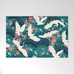Japanese Crane Oriental Teal Ocean Pattern Welcome Mat Gallery Image 1