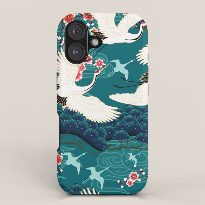 Japanese Crane Oriental Teal Ocean Pattern iPhone Case Gallery Image 1