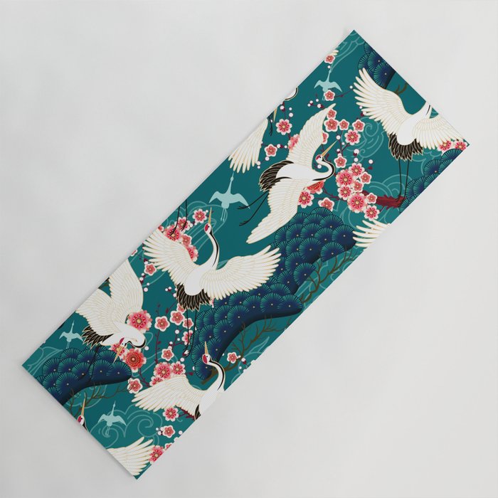 Japanese Crane Oriental Teal Ocean Pattern Yoga Mat Gallery Image 1