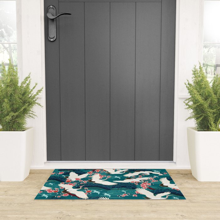 Japanese Crane Oriental Teal Ocean Pattern Welcome Mat Gallery Image 3