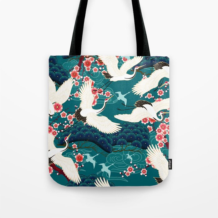 Japanese Crane Oriental Teal Ocean Pattern Tote Bag Gallery Image 1
