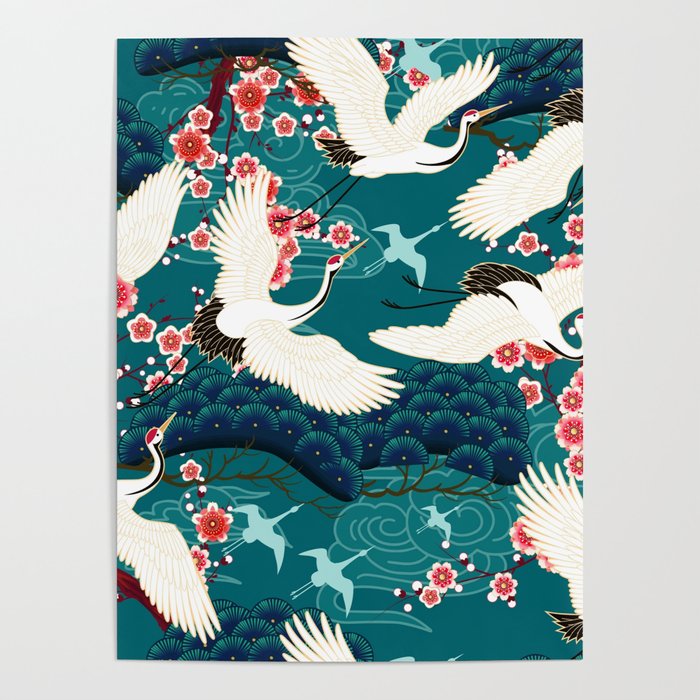 Japanese Crane Oriental Teal Ocean Pattern Poster Gallery Image 1